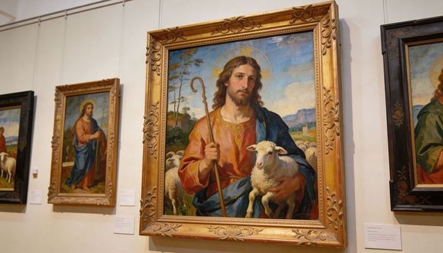 Gilded framed devotional painting displaying good shepherd holding lamb in museum gallery