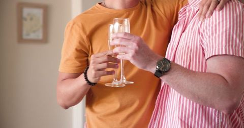 Diverse Male Couple Toasting with Champagne at Home