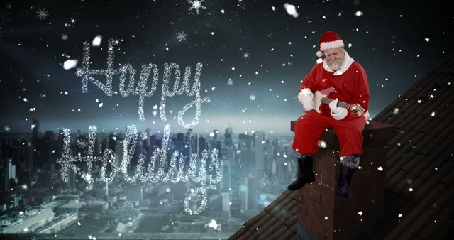 Santa Claus Playing Guitar on Rooftop during Holiday Season - Download Free Stock Images Pikwizard.com