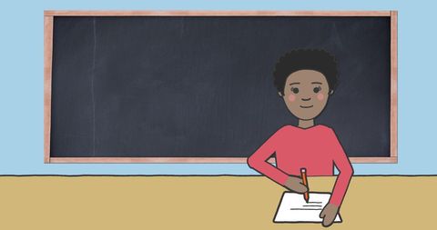 Illustration of Happy Schoolgirl Writing at Desk with Blackboard - Download Free Stock Images Pikwizard.com
