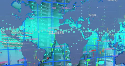Global Network Data Processing Over Blue Grid Background