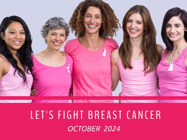 Diverse group of women wearing pink to promote breast cancer awareness and unity in October 2024. Image can be used for campaigns, promotional materials, health events, charity fundraisers, social media awareness posts, and educational initiatives.