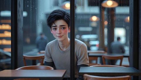 Adolescent contemplation through rainy cafe window sight - shy concept