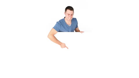 Cheerful Man Indicating Message Board on White Background