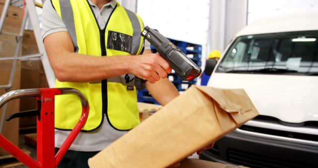 A worker in a high-visibility vest is scanning a package in a warehouse, with copy space. Efficient logistics and inventory management are exemplified by the use of barcode scanners in distribution centers.
