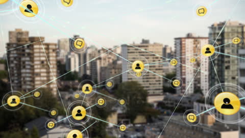 Digital Network Overlay on Cityscape Depicting Global Connectivity