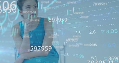 Woman pondering financial decisions amid digital data graphics