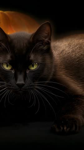 Vertical video: Black cat gazing at flickering candle flame with warm glow