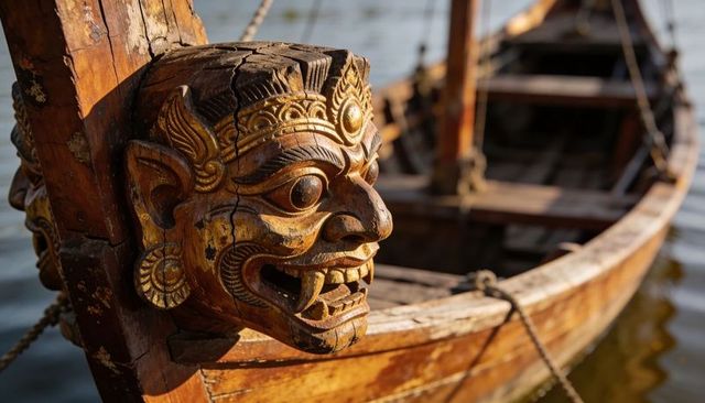 Ornate gilded boat figurehead on weathered wooden hull, warm sunlight highlighting cracks