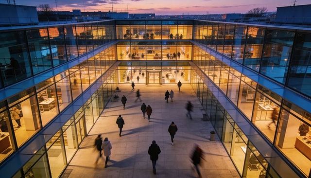 Evening commuters walking through glass-fronted courtyard at dusk with interior lights
