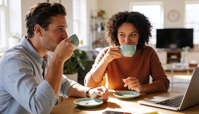 Cozy morning coffee break for remote-working couple in bright modern open-plan kitchen