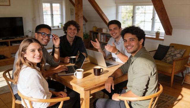 Young diverse team collaborating around laptops and coffee in sunlit home loft workspace
