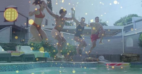 Joyful Friends Jumping into Backyard Pool on Summer Day