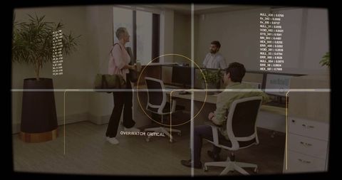 Office team under augmented reality hud reading overwatch: critical, coworkers interacting