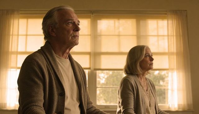 Senior couple sitting and gazing toward window in warm golden-hour home interior