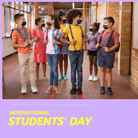 diverse schoolchildren wearing face masks celebrating international students' day - Download Free Stock Templates Pikwizard.com
