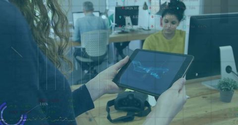 Woman holding tablet showing 3d aircraft model with data overlays for collaborative design review