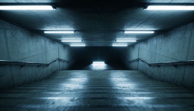 Minimal Fluorescent-lit Concrete Stairwell Descending to Bright Exit, Symmetric Underpass