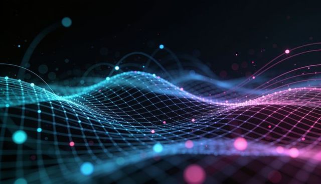 Neon 3d wireframe mesh waves visualizing data flow across futuristic cyber grid landscape