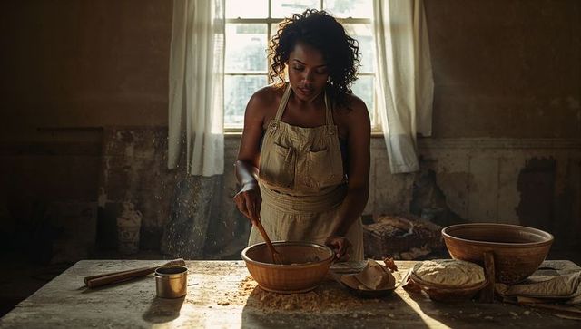 Sunlit rustic baker mixing dough in vintage kitchen with wooden bowls and flour