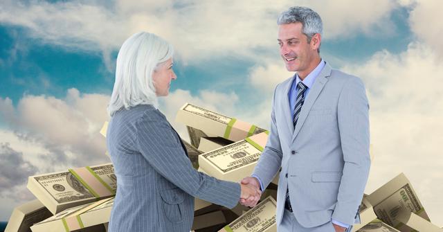 Senior business partners shaking hands in front of a sky backdrop with money bundles in the background. Ideal for illustrating concepts related to business collaborations, partnerships, financial agreements, and successful negotiations in corporate settings.