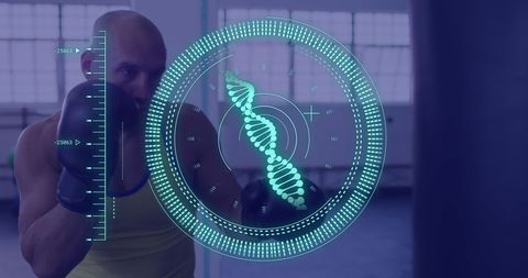 Caucasian male boxer training with digital interface overlay