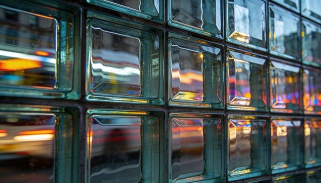 Glass block wall refracting neon traffic lights at urban night, colorful mosaic reflections