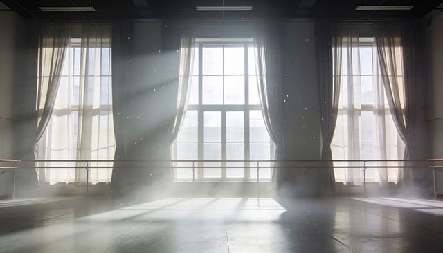 Sunlit ballet studio with tall windows, sheer curtains, wooden barre and dust motes