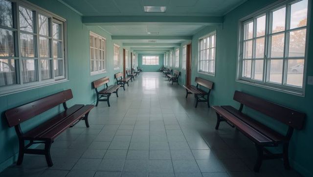 Empty hospital corridor with benches and natural light