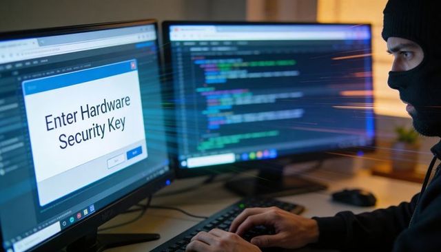 Masked hacker typing to unlock system at dual-monitor desk prompting hardware security key