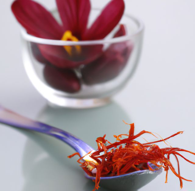 Close up of saffron on spoon with flower in glass bowl created using generative ai technology. Nature, seasoning and flavour concept, digitally generated image.