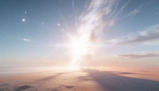 Radiant explosion illuminating salt flat at dawn casting long shadows under starlit sky