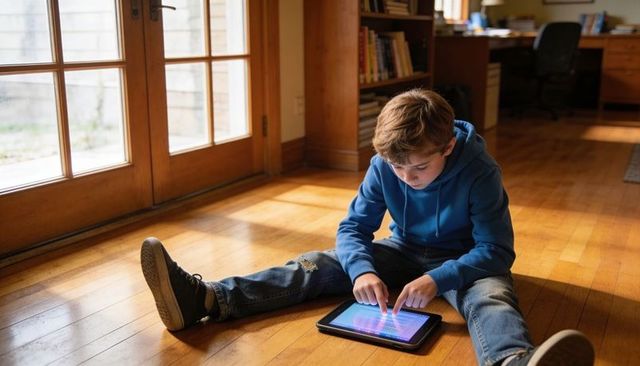 Preteen boy learning on tablet near sunlit french doors