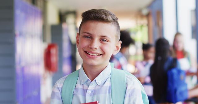 Smiling Boy Holding Books in School Corridor - Download Free Stock Images Pikwizard.com