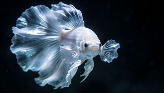 Iridescent pearly betta gliding with ruffled fins and translucent tail in dark water