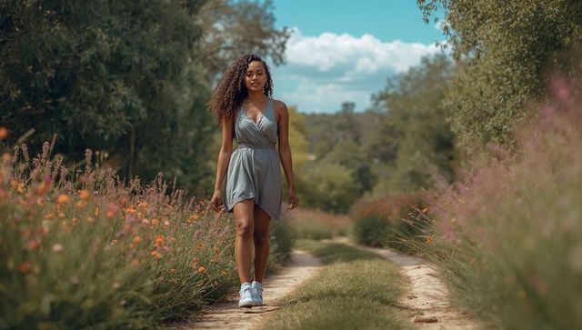 Walking woman wearing light grey wrap dress and white sneakers along wildflower path