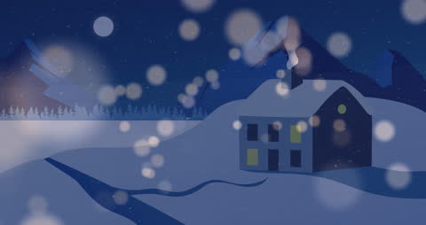 Winter Night Landscape with Snowy Cottage and Light Bokeh