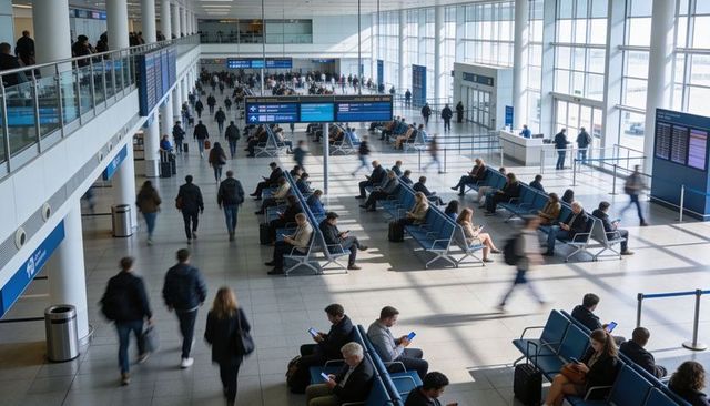 Business travelers waiting in bright modern airport terminal with flight displays
