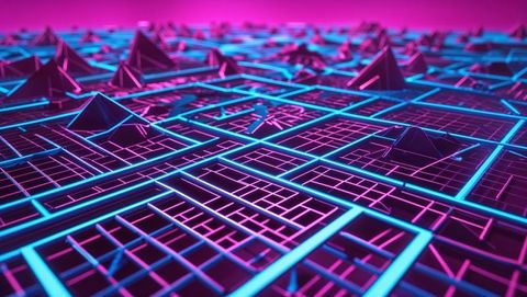 Futuristic Neon Grid and Pyramids in Cyberpunk Virtual World
