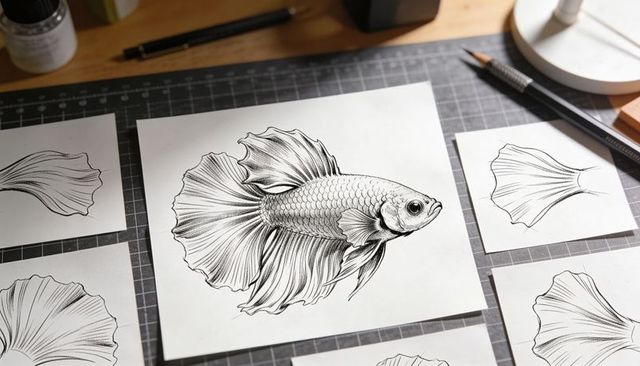 Betta fish ink illustration featuring flowing fins and detailed linework on artist desk