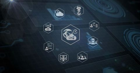 Displaying holographic global sync dashboard with floating hexagon icons