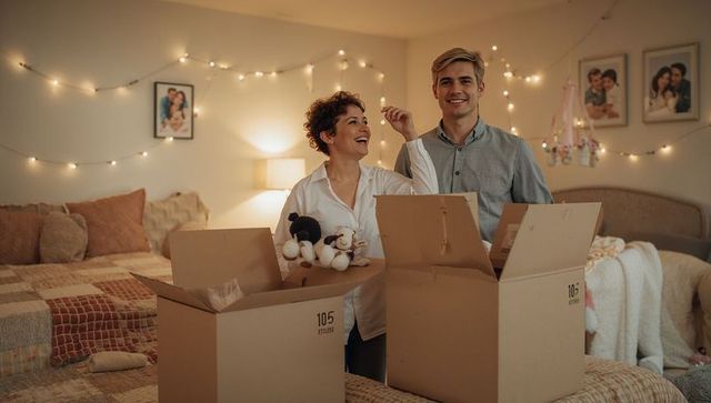 Young couple unpacking moving boxes in cozy bedroom with fairy lights and quilted bed