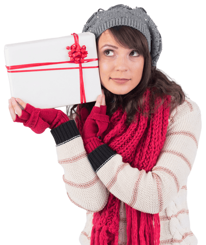 Festive Brunette Holding Gift with Red Ribbon
