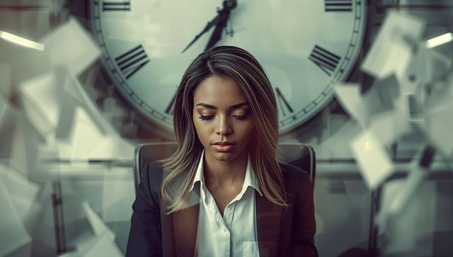 Focused businesswoman with flying papers in dynamic office