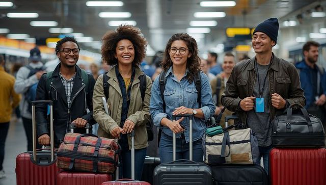 Smiling young travelers standing with suitcases and backpacks at busy airport concourse preparing fo