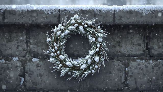 Snow-dusted evergreen wreath on weathered masonry wall with falling snowflakes, holiday decor