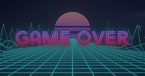 Retro 80s neon game over screen with grid background