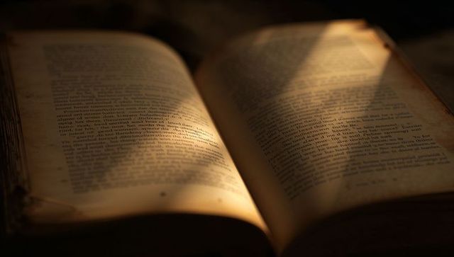 Warm-lit open antique book with yellowed pages, textured spine and dramatic shadows