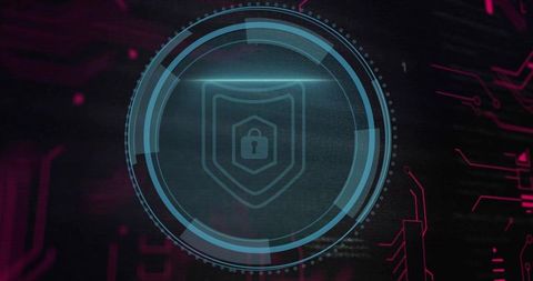 Futuristic Cybersecurity HUD with Shield Lock Icon and Neon Circuit Interface