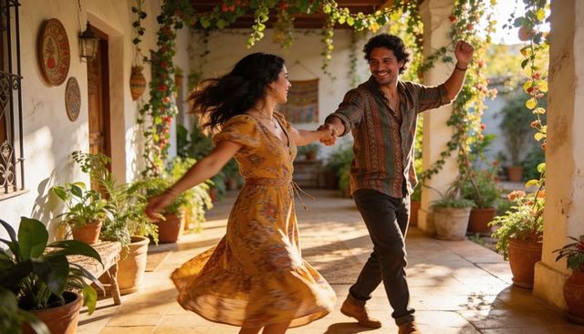 Couple dancing on sunlit mediterranean courtyard porch, playful romantic twirl and motion
